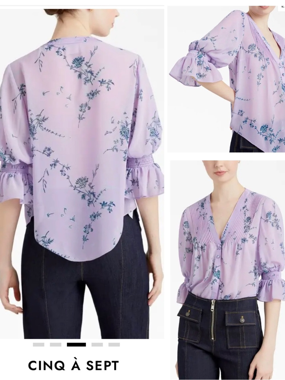 Cinq a Sept Jennings Medium Lilac Floral Pintuck Button Front V-Neck Blouse EUC - Picture 3 of 13